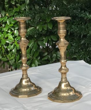 Pair-of-Heavy-Brass-Candlesticks-Purchased-in-Arles
