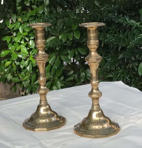 Pair-of-Heavy-Brass-Candlesticks-Purchased-in-Arles